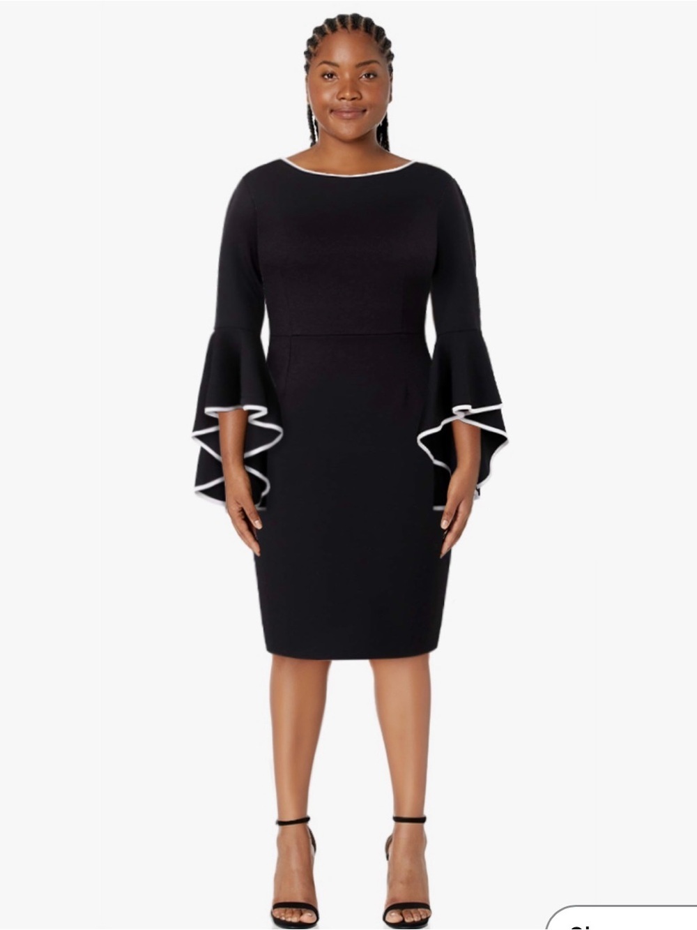 NWT VfShow Black Long- Bell Sleeve Pencil Sheath Dress White Trim, 3XL